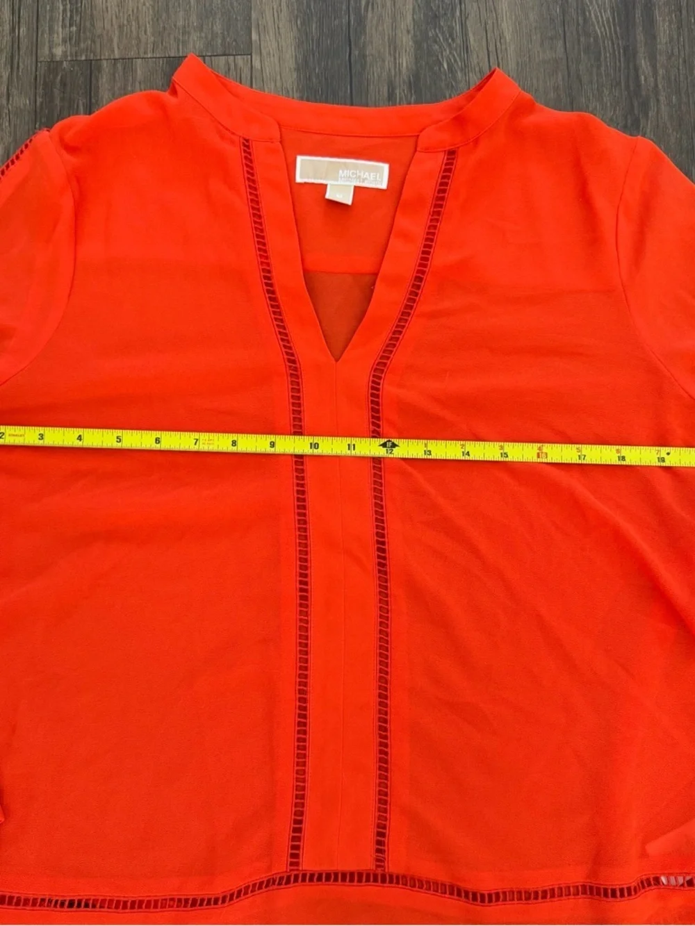 Michael Kors Mandarin Orange Pointelle Trim Long Sleeve Top V Neck Blouse M